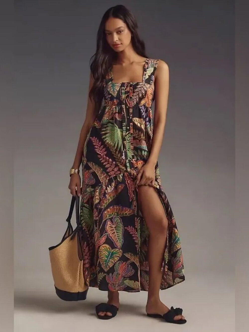 NWT Farm Rio Cool Foliage Black Sleeveless Maxi Dress Size Small